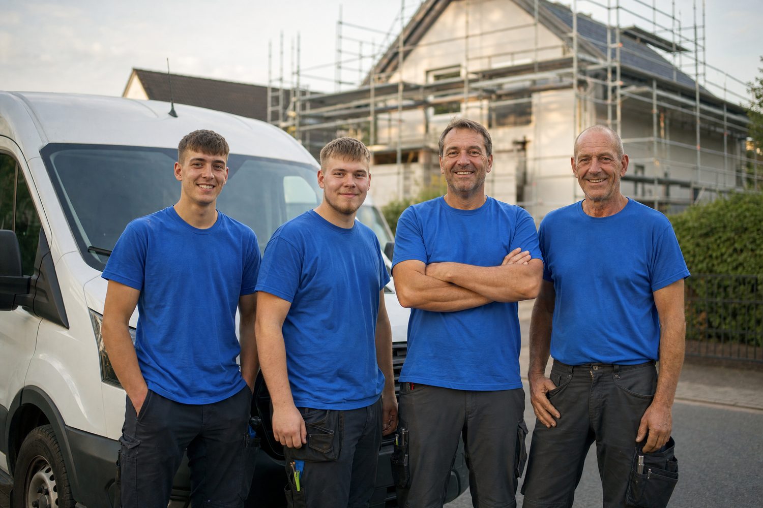 Team von Gerüstbau Mustermann vor dem Firmenwagen